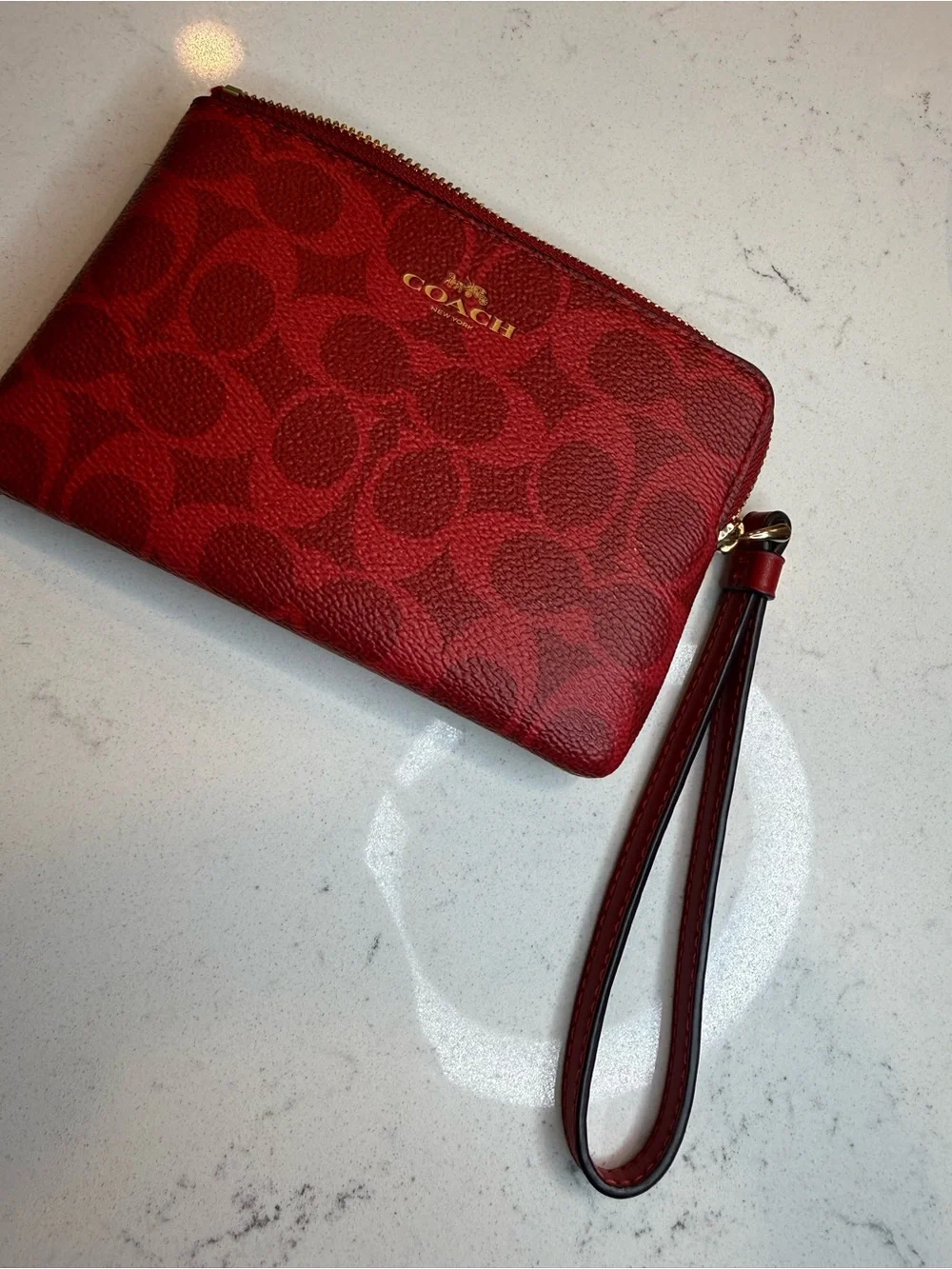 Coach Red Signature Zip Wrist Wallet with Gold Trim